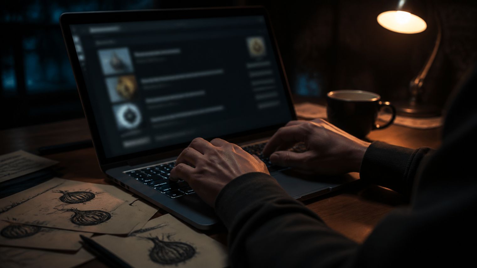 hands typing on a laptop in a dimly lit room